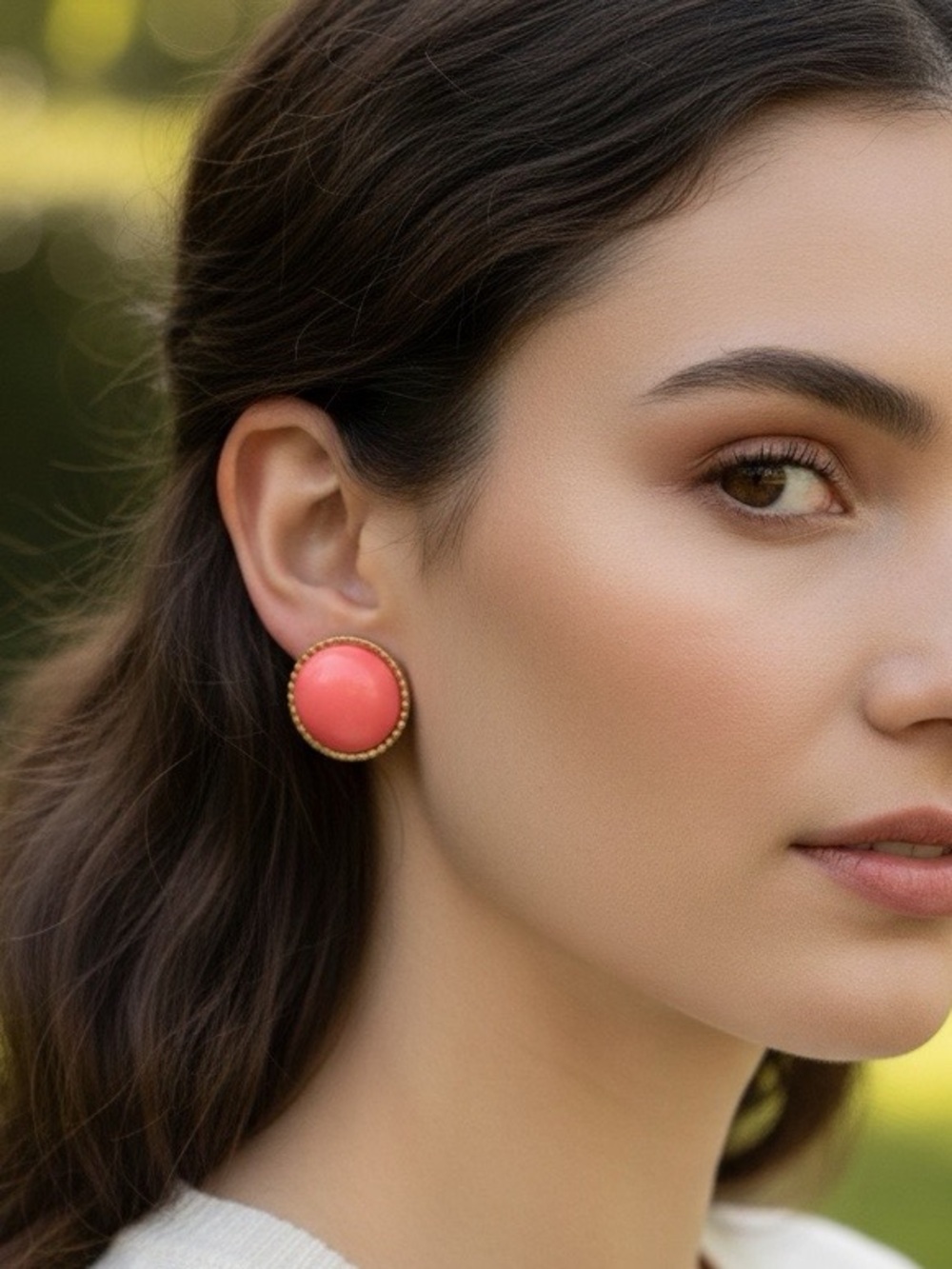 Gold-Trim Coral Button Earrings for Women
